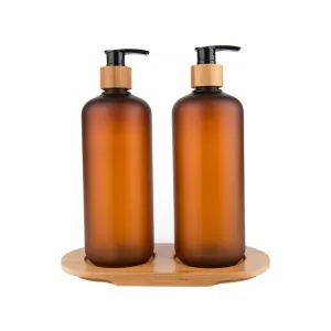 Brown Plastic Pump Bottles with Bamboo Tray - 500ml Figurines,Decorative Ornaments