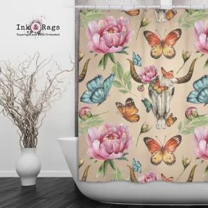 Bull Skull Peony Butterfly CREAM Shower Curtains and Optional Bath Mats Lighting,Lamps Fixtures