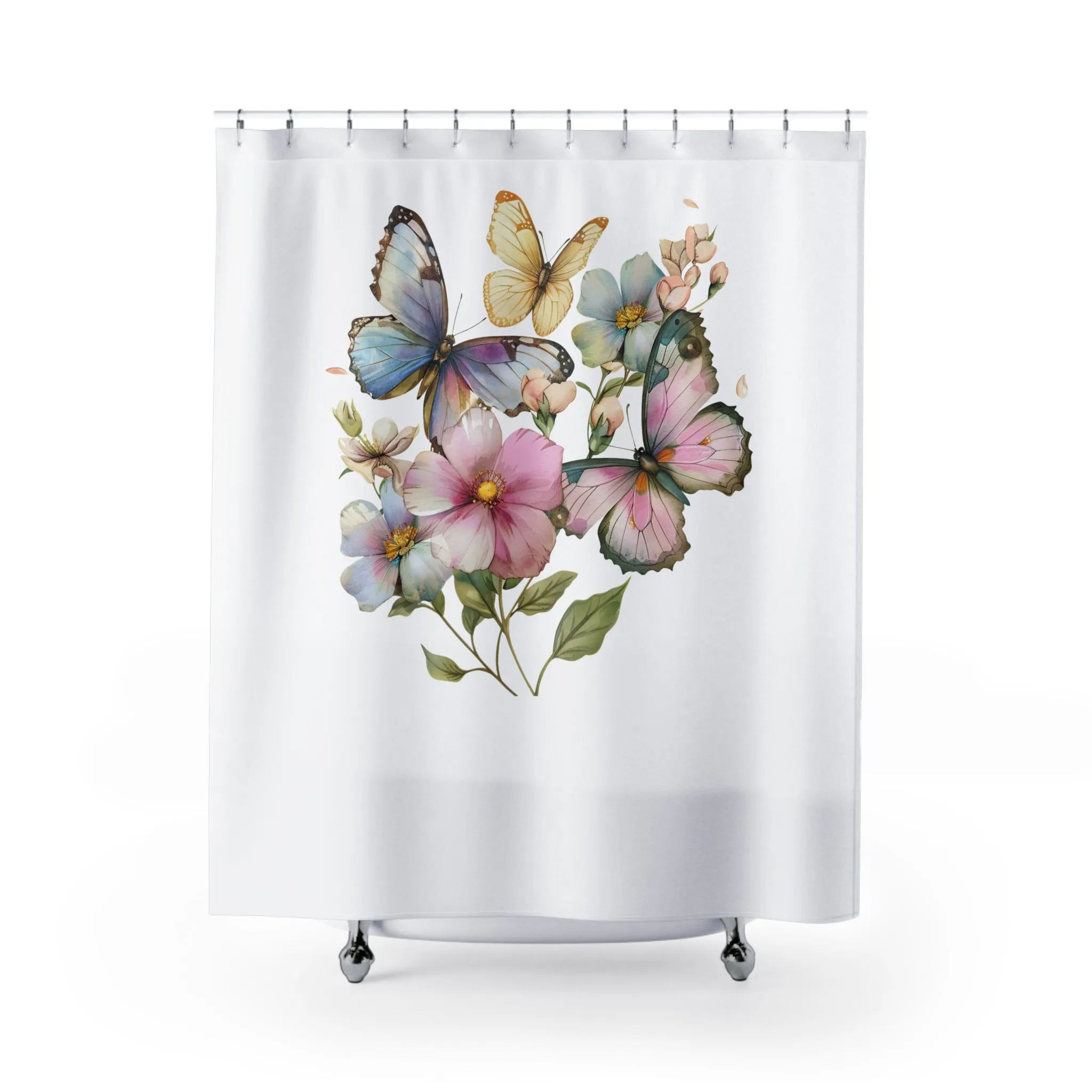 Butterflies Shower Curtain | Colorful Floral, White Shower curtain Lighting,Home Lighting