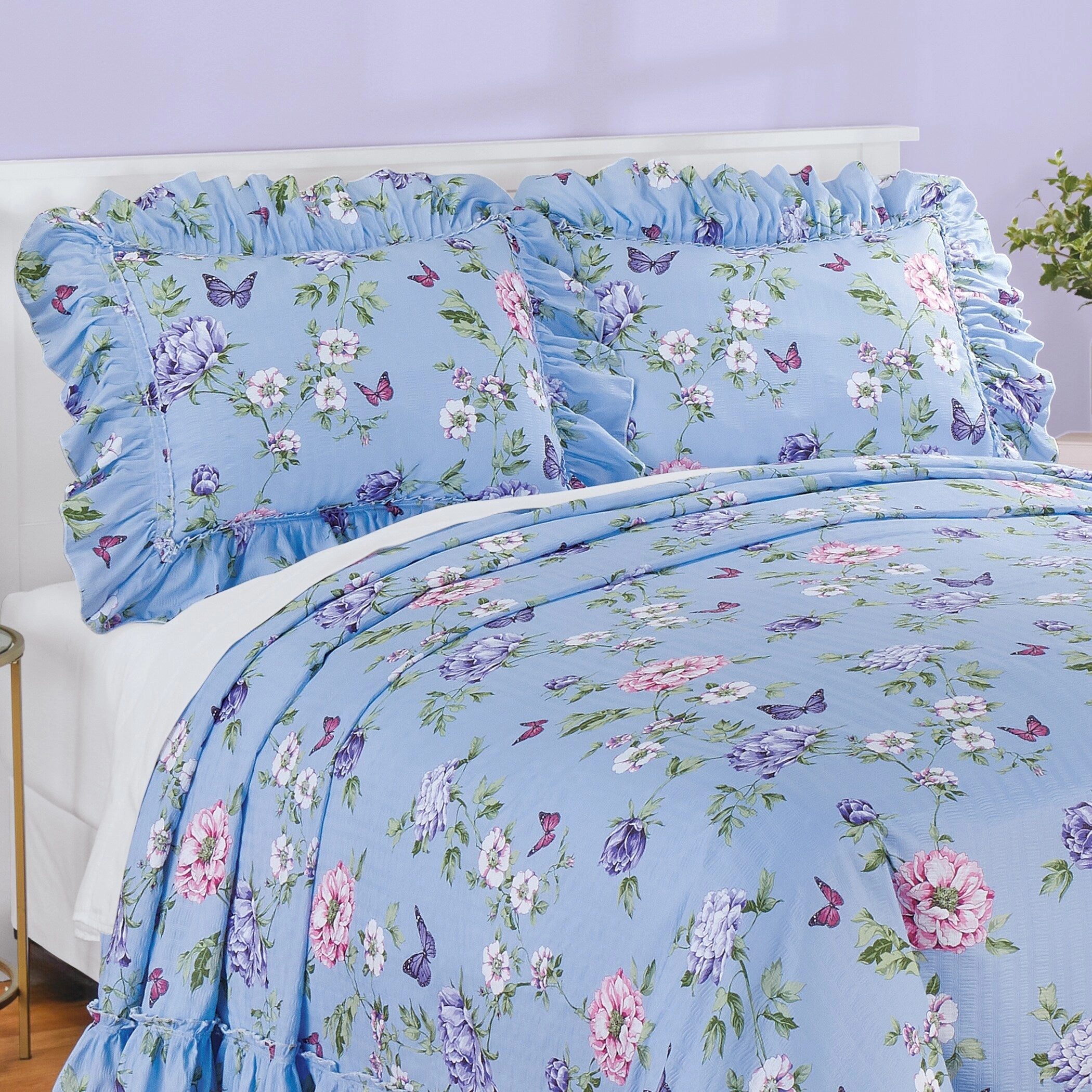 Butterfly Garden Pliss Ruffled Edge Pillow Sham Set