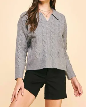 Cable Knit Collared Sweater In Heather Grey