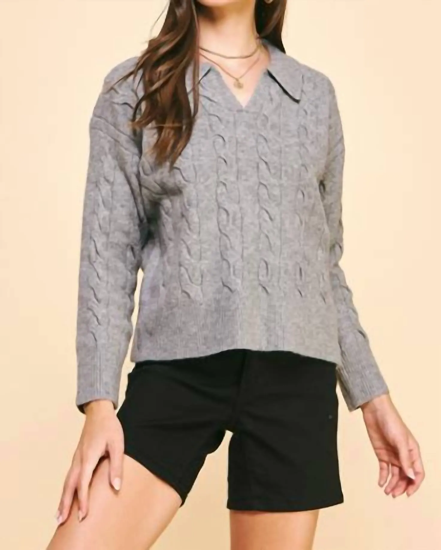Cable Knit Collared Sweater In Heather Grey