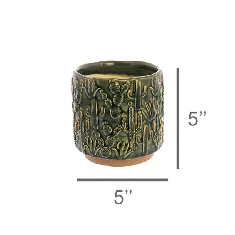 Cactus Motif Cachepot, Ceramic - Sm - Green