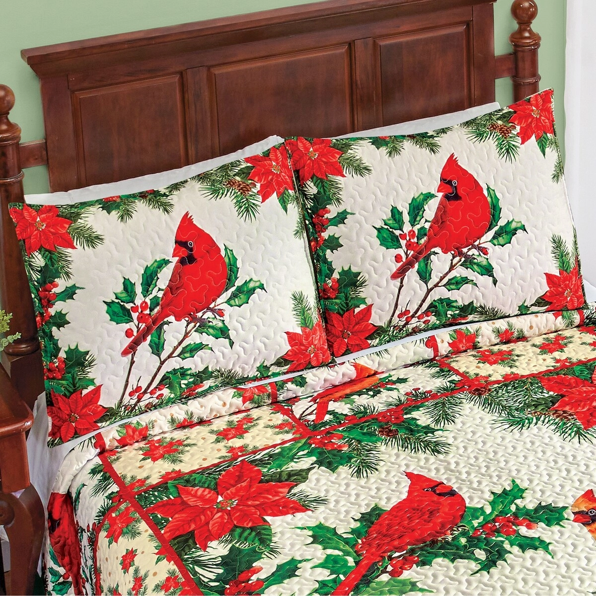 Cardinals And Holly Poinsettia All-Over Texture Pillow Sham