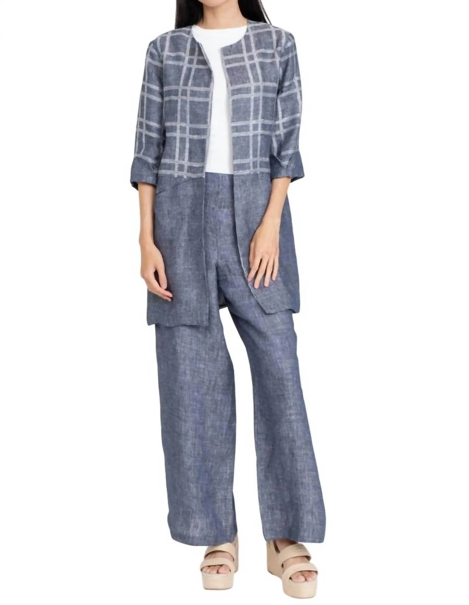 Carrie Car Linen Coat In Indigo Plaid
