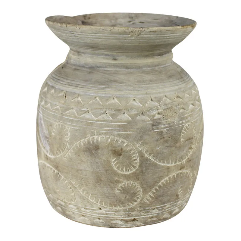 Carved Wood Pot, Whitewash - Med Vase,Ceramic Vase