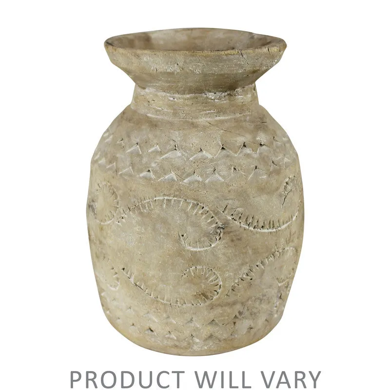 Carved Wood Pot, Whitewash - Med