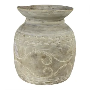 Carved Wood Pot, Whitewash - Med Vase,Ceramic Vase