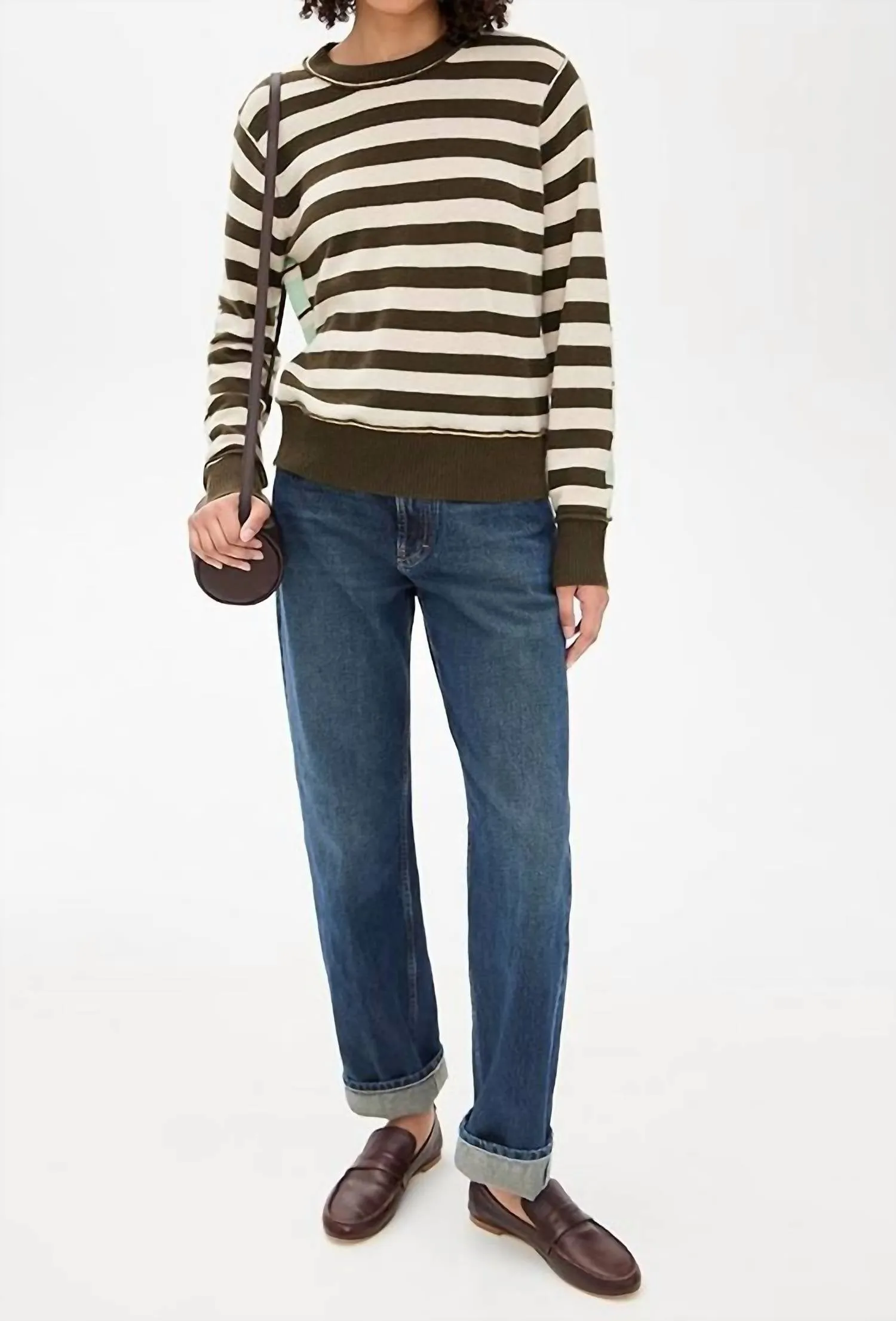 Cashmere Mixed Stripe Crew Sweater In Green Combo