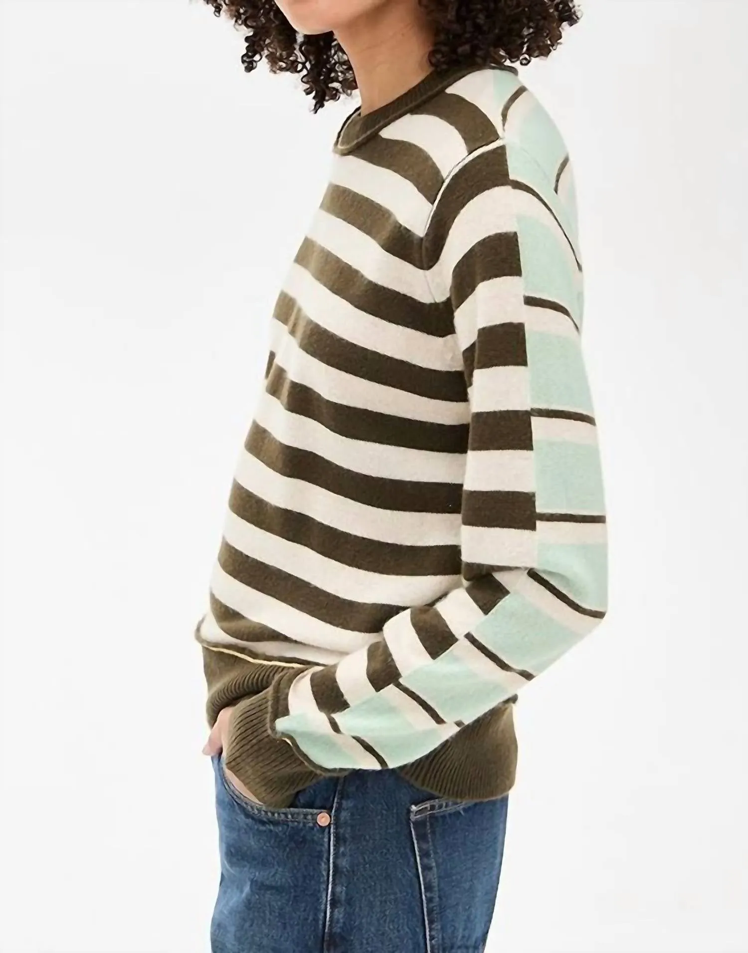 Cashmere Mixed Stripe Crew Sweater In Green Combo