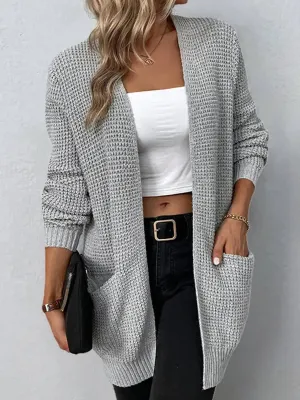 Casual Cable Open Front Cardigan In Gray
