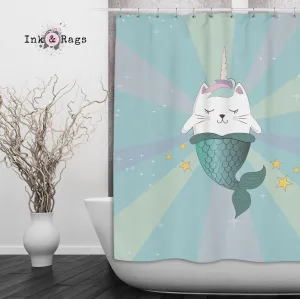 Caticorn Mermaids Blue Green Unicorn Cat Mermaid Shower Curtains and Optional Bath Mats Lighting,Lamps Fixtures