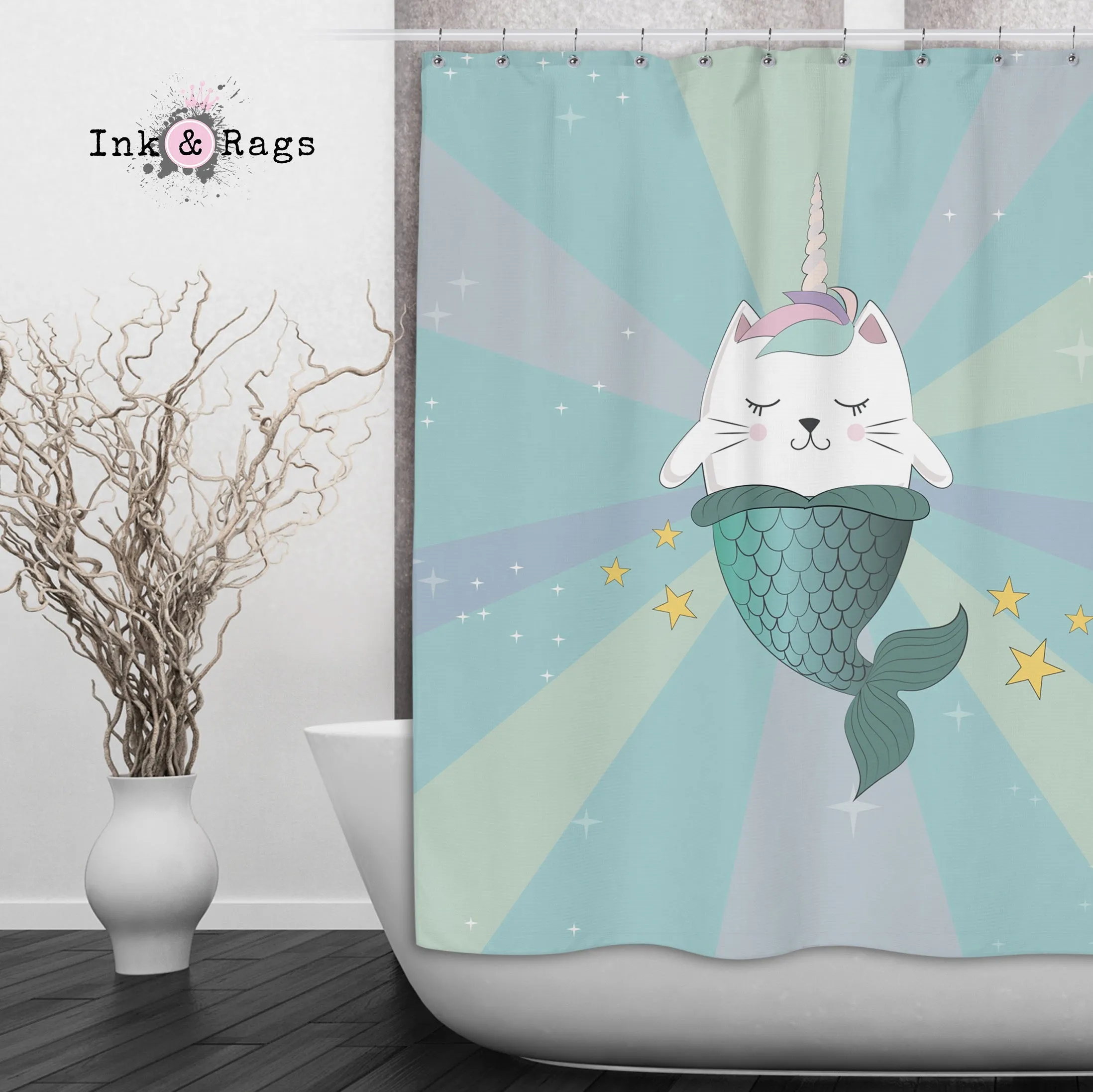 Caticorn Mermaids Blue Green Unicorn Cat Mermaid Shower Curtains and Optional Bath Mats Lighting,Lamps Fixtures