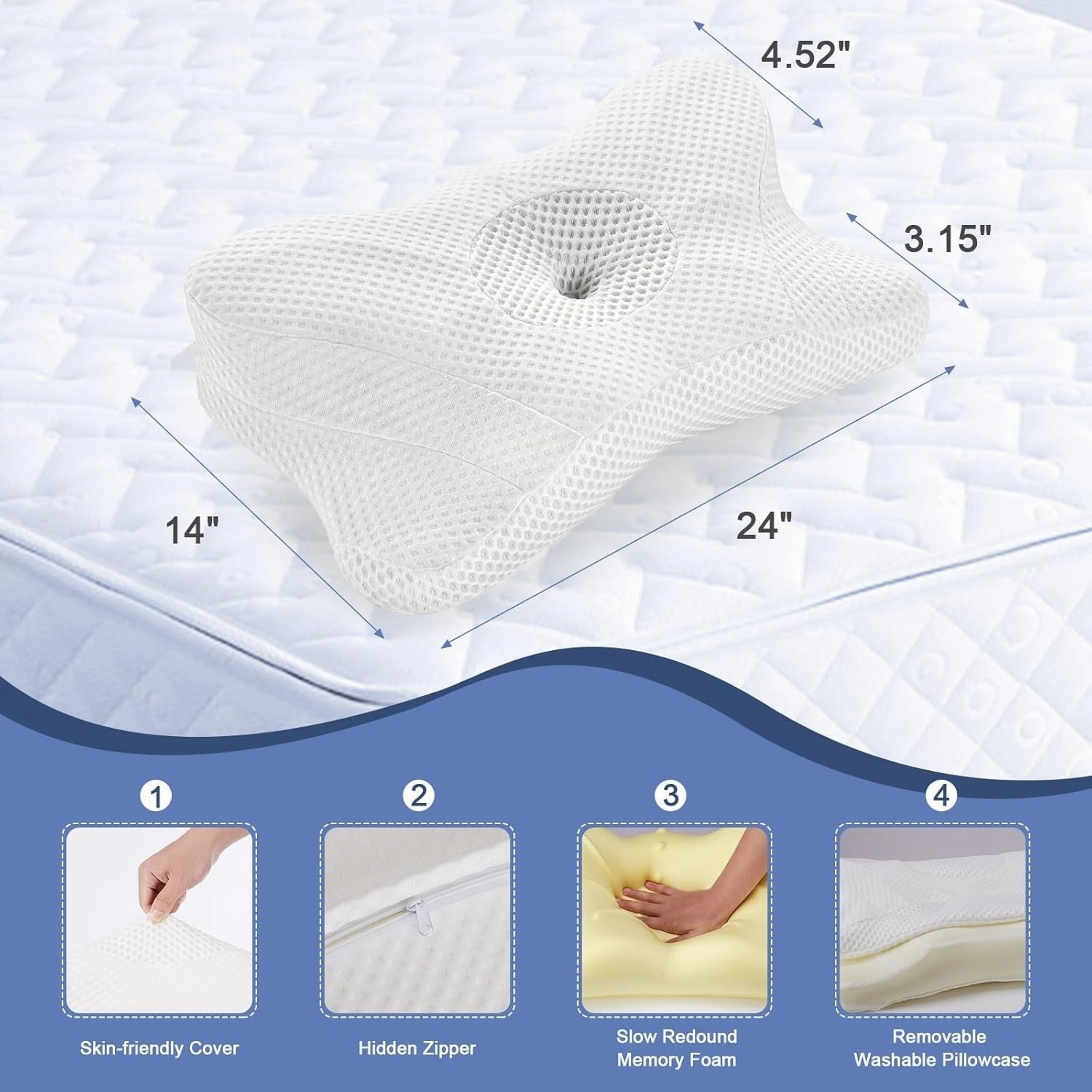 Cervical Pillow for Neck Support, Contour Memory Foampillow Shoulder Support Pain Relief for Side Back Stomach Sleepers - White