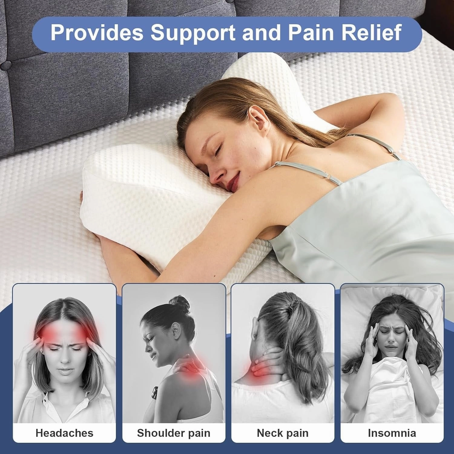 Cervical Pillow for Neck Support, Contour Memory Foampillow Shoulder Support Pain Relief for Side Back Stomach Sleepers - White