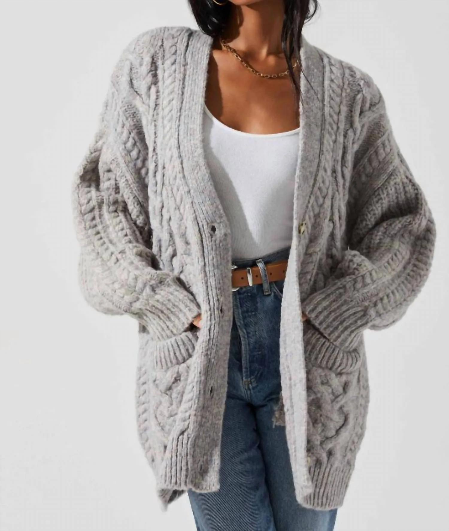 Charli Cable Knit Oversized Cardigan In Gray