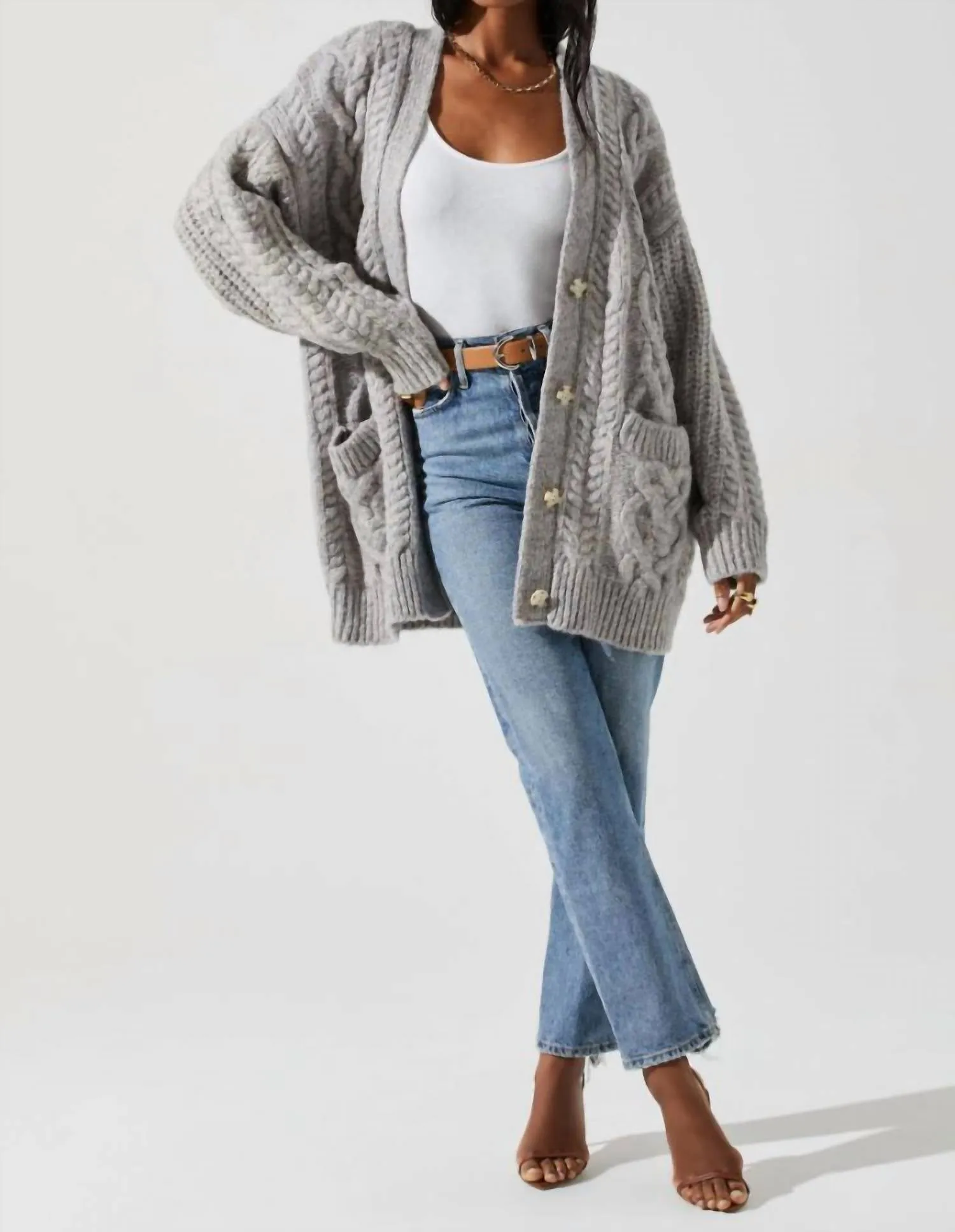 Charli Cable Knit Oversized Cardigan In Gray
