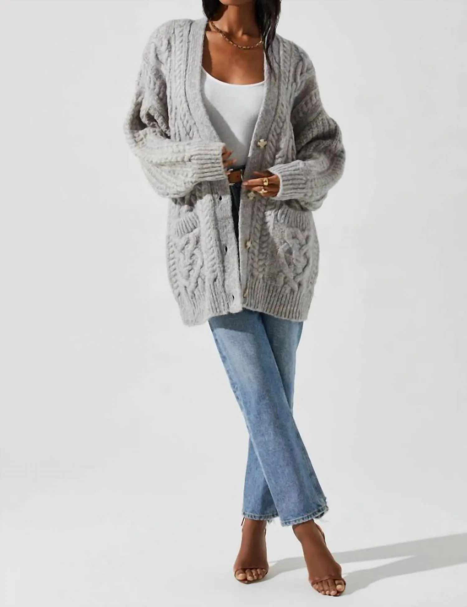 Charli Cable Knit Oversized Cardigan In Gray