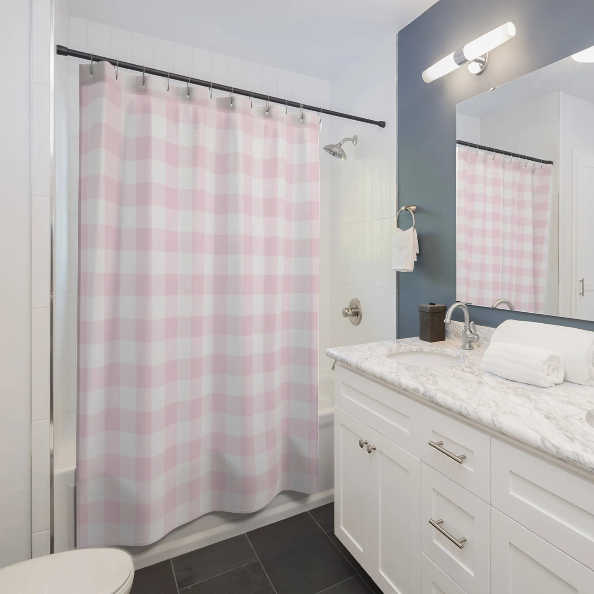 Checkered Shower Curtain | Pink and White Bath Curtain Lighting,Home Lighting