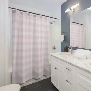 Checkered Shower Curtain | Pink and White Bath Curtain Lighting,Home Lighting