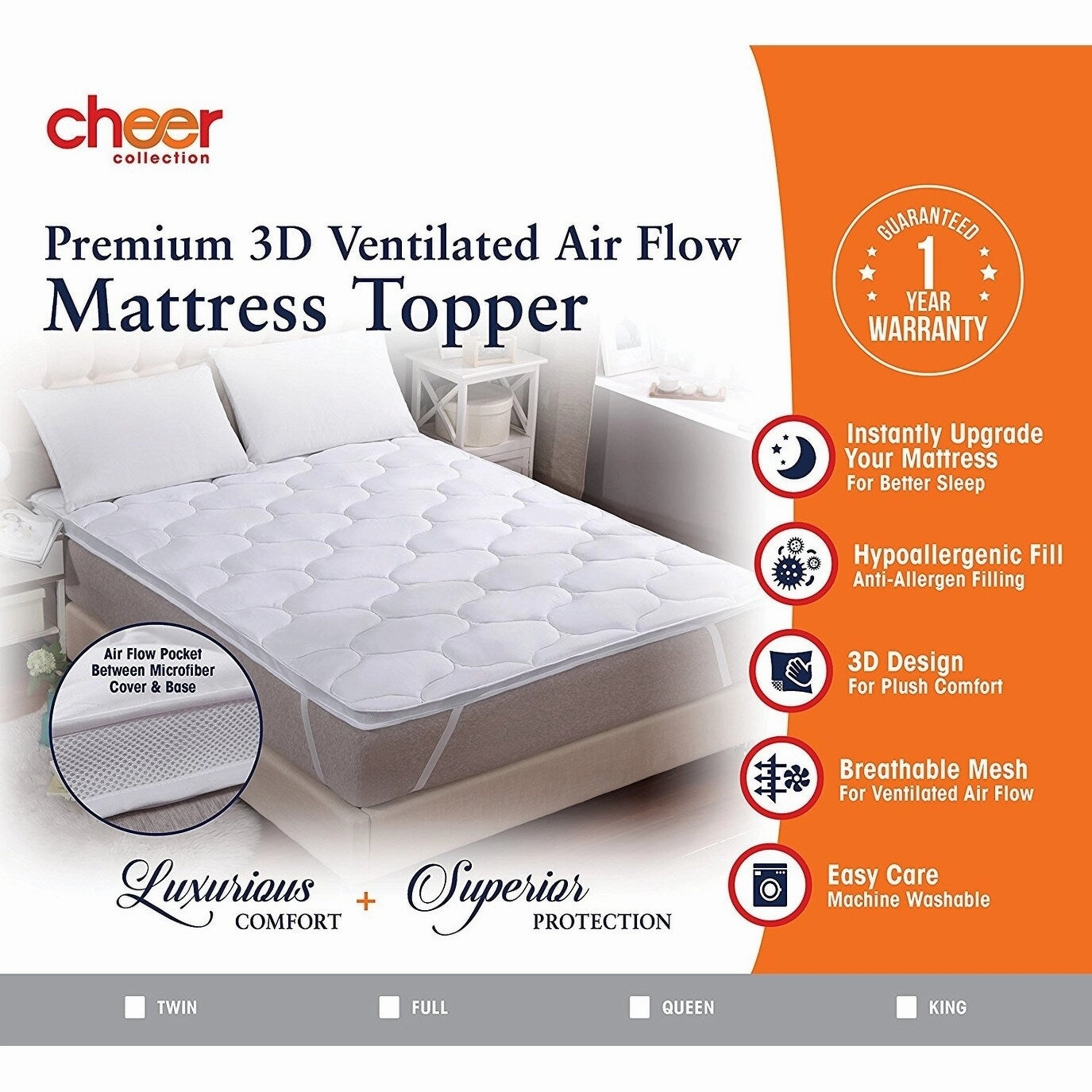 Cheer Collection 3D Air Mattress Topper with Elastic Bands - White