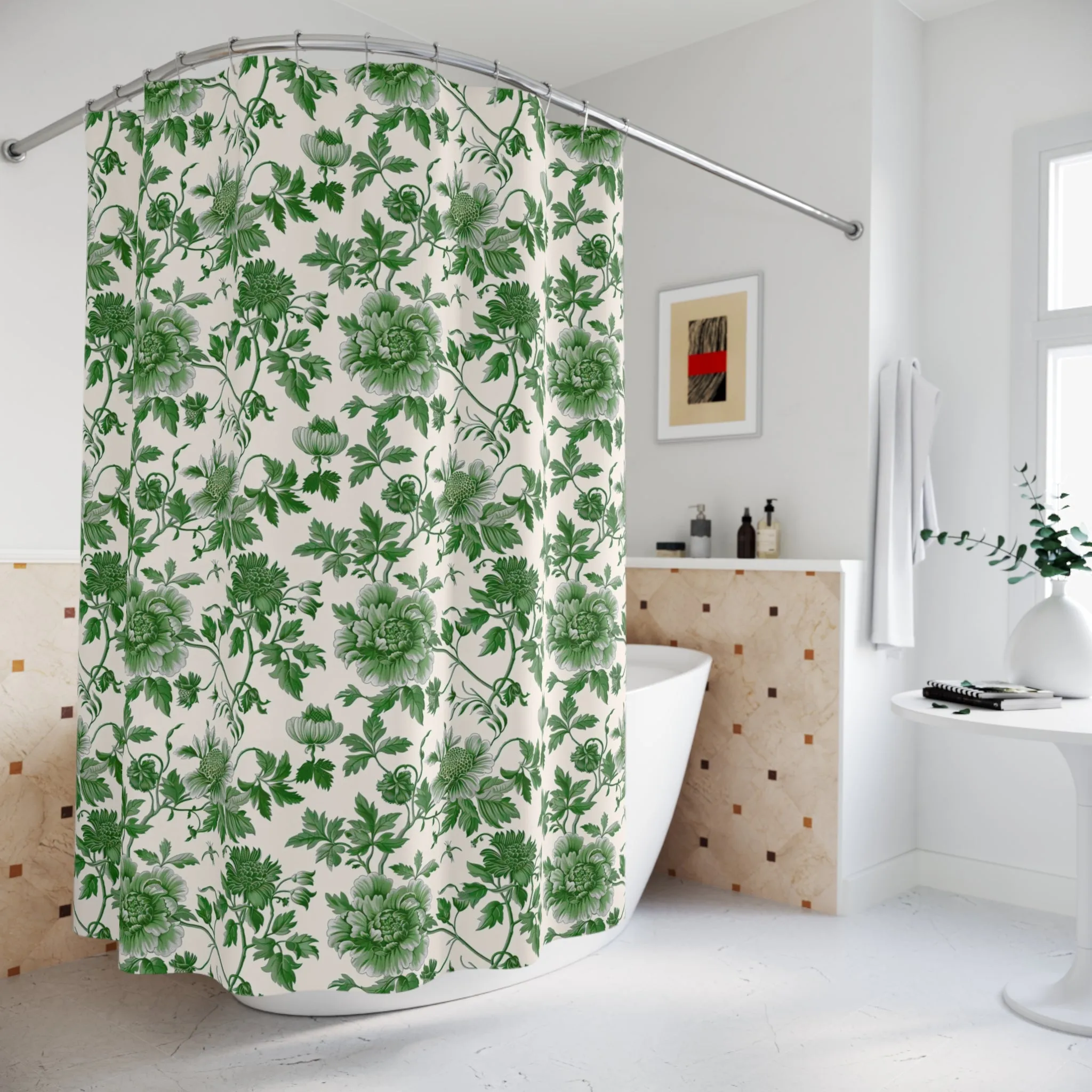 Chinoiserie Shower Curtain | Forest Green Floral, Vintage