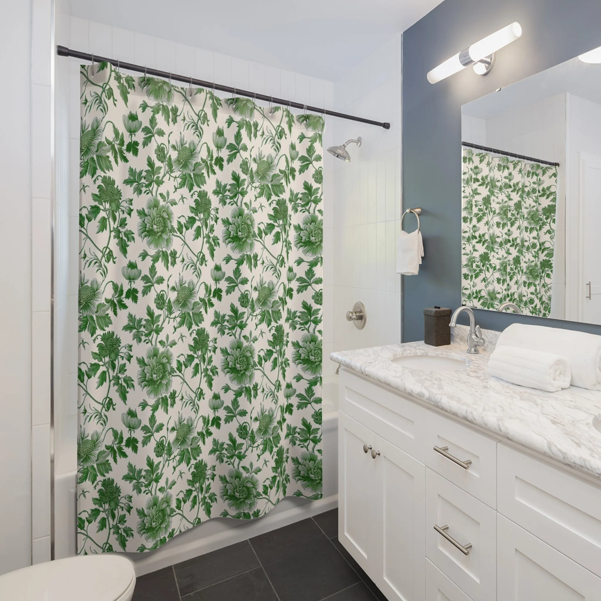 Chinoiserie Shower Curtain | Forest Green Floral, Vintage