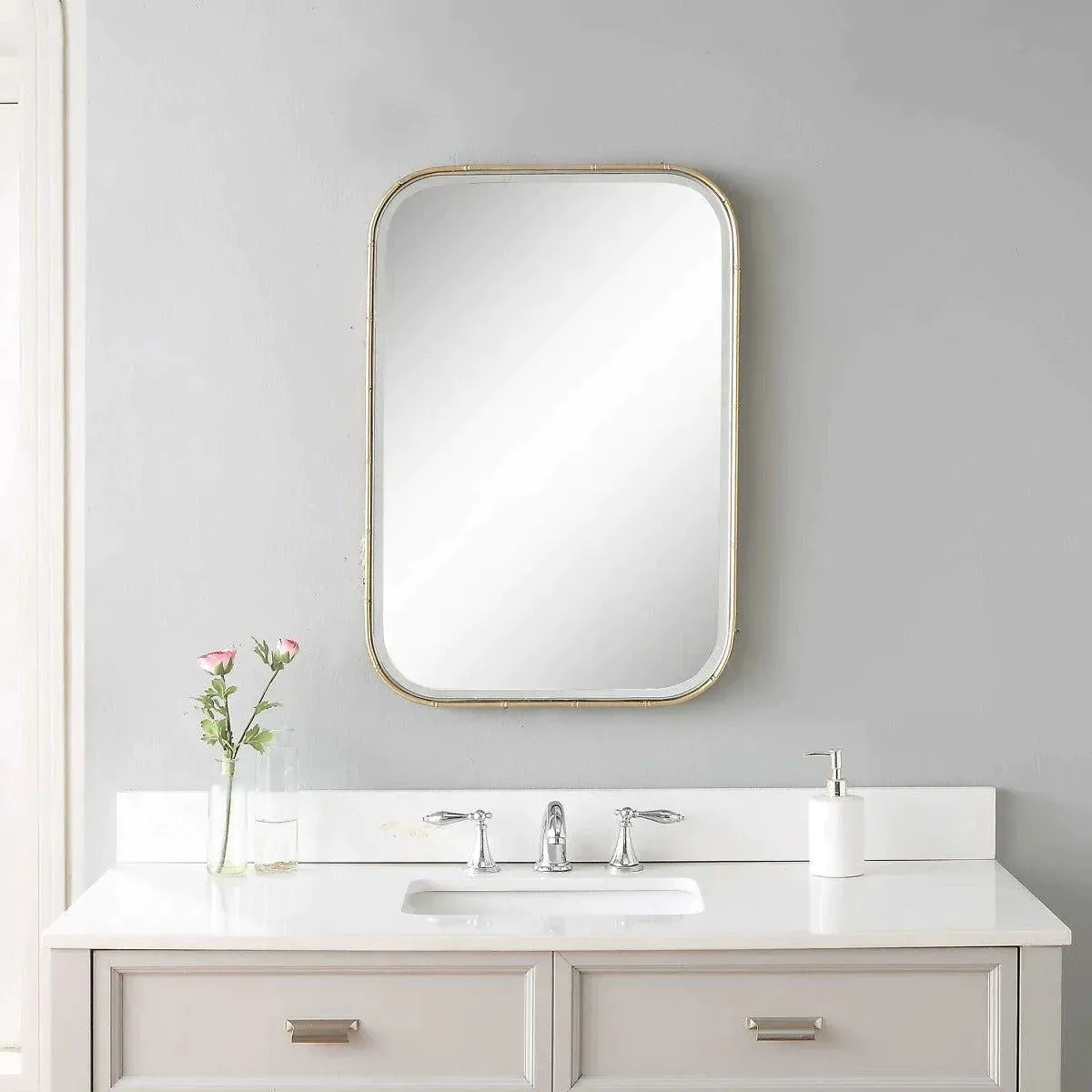 Chinoiserie Style Mirror With Iron Bamboo Design Frame in Antique Gold Leaf