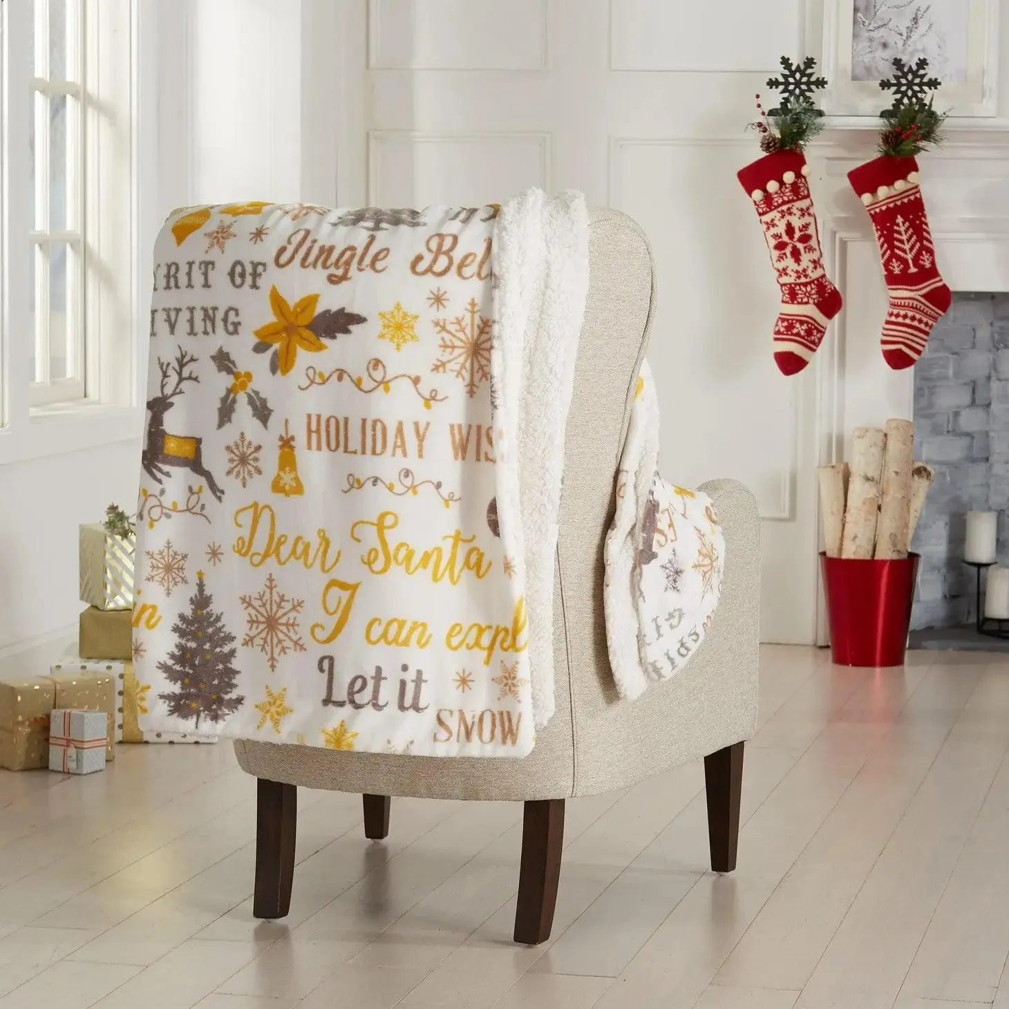 Christmas Carol Sherpa Throw Blanket bookcase, standing shelf