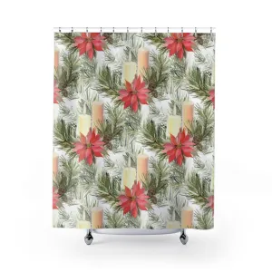 Christmas Shower Curtain | Beige Red Candles Winter Flowers Lighting,Home Lighting