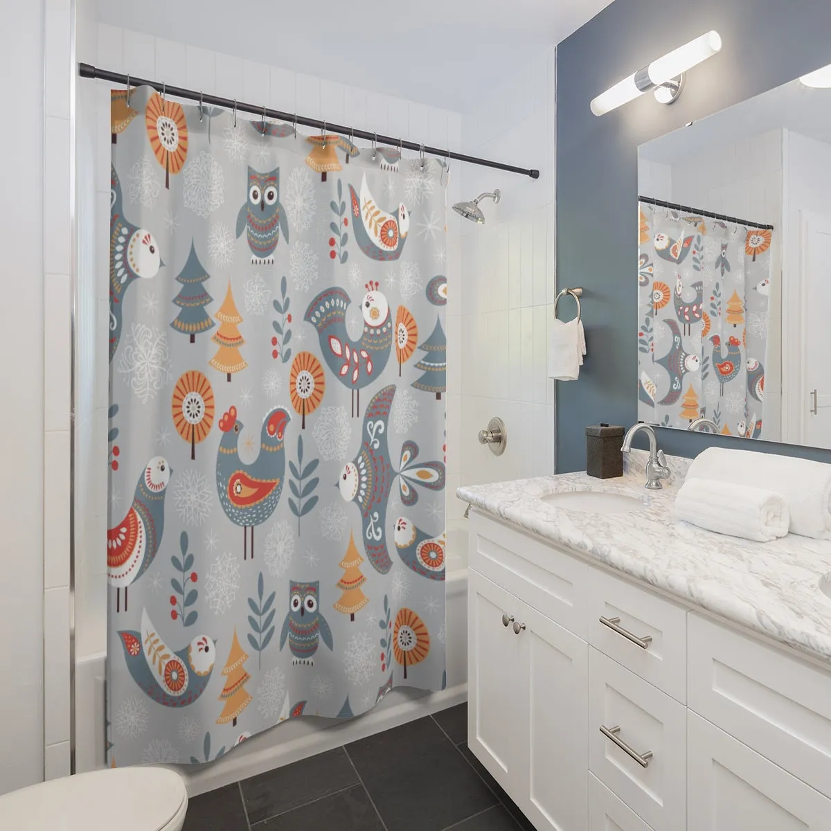 Christmas Shower Curtain | Gray Blue Beige Nordic Folk Birds