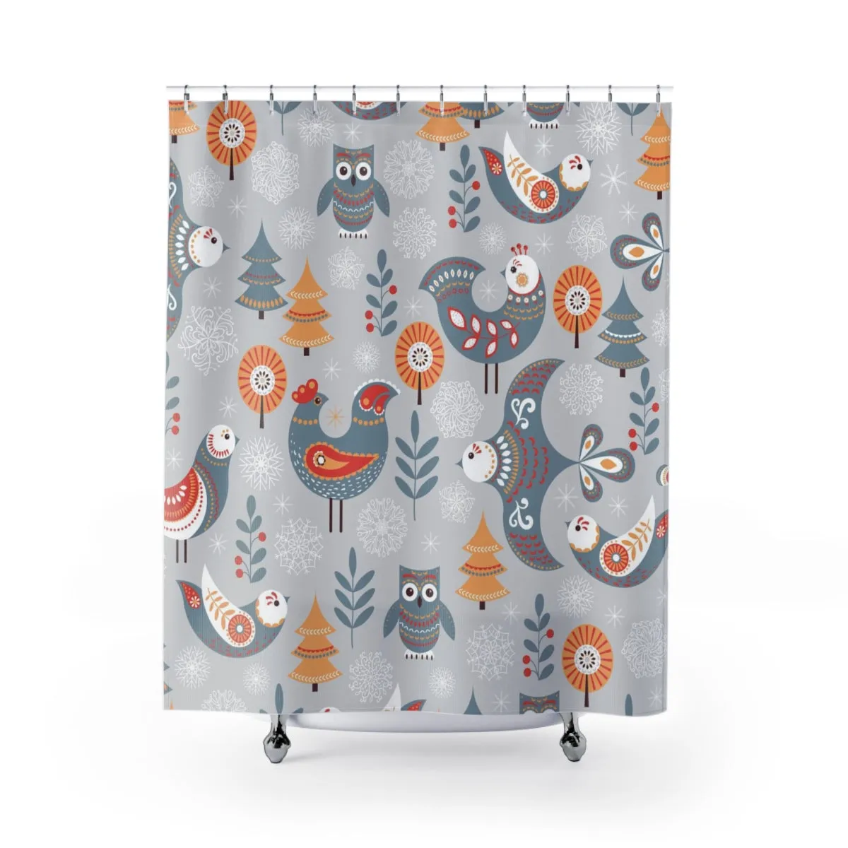 Christmas Shower Curtain | Gray Blue Beige Nordic Folk Birds Lighting,Home Lighting