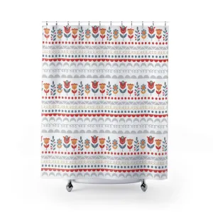 Christmas Shower Curtain | Orange Red Nordic Folk Floral Pattern Lighting,Home Lighting