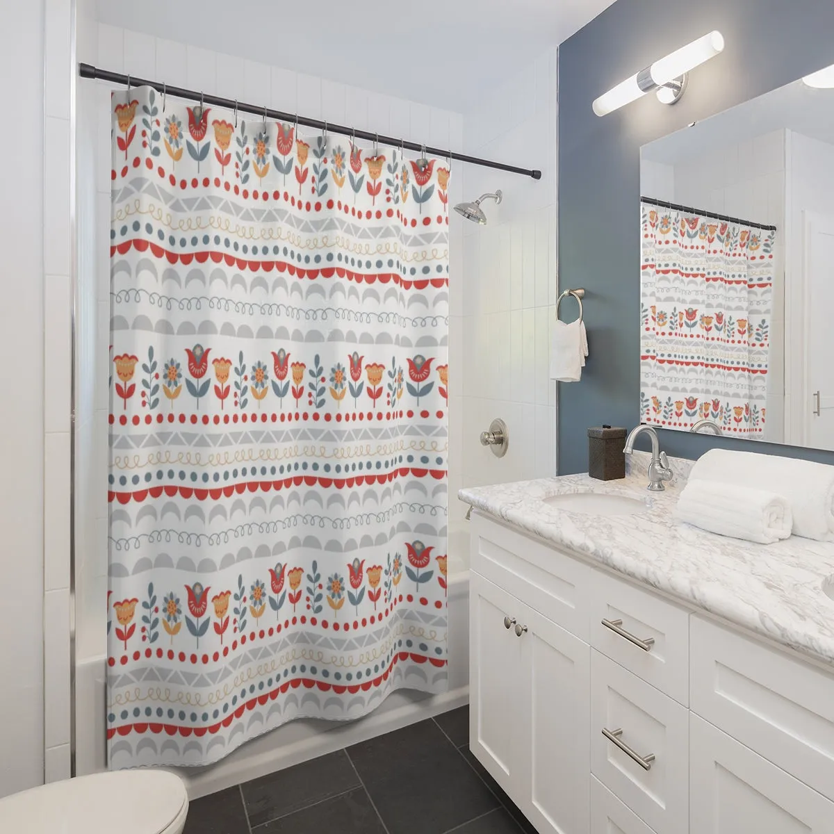 Christmas Shower Curtain | Orange Red Nordic Folk Floral Pattern