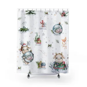 Christmas Shower Curtain | White Green Winter Animals Lighting,Home Lighting