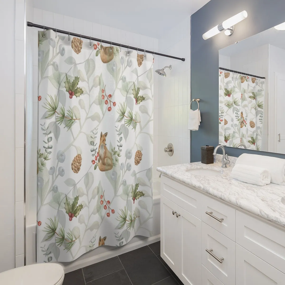 Christmas Shower Curtain | White Mistletoe Foxes