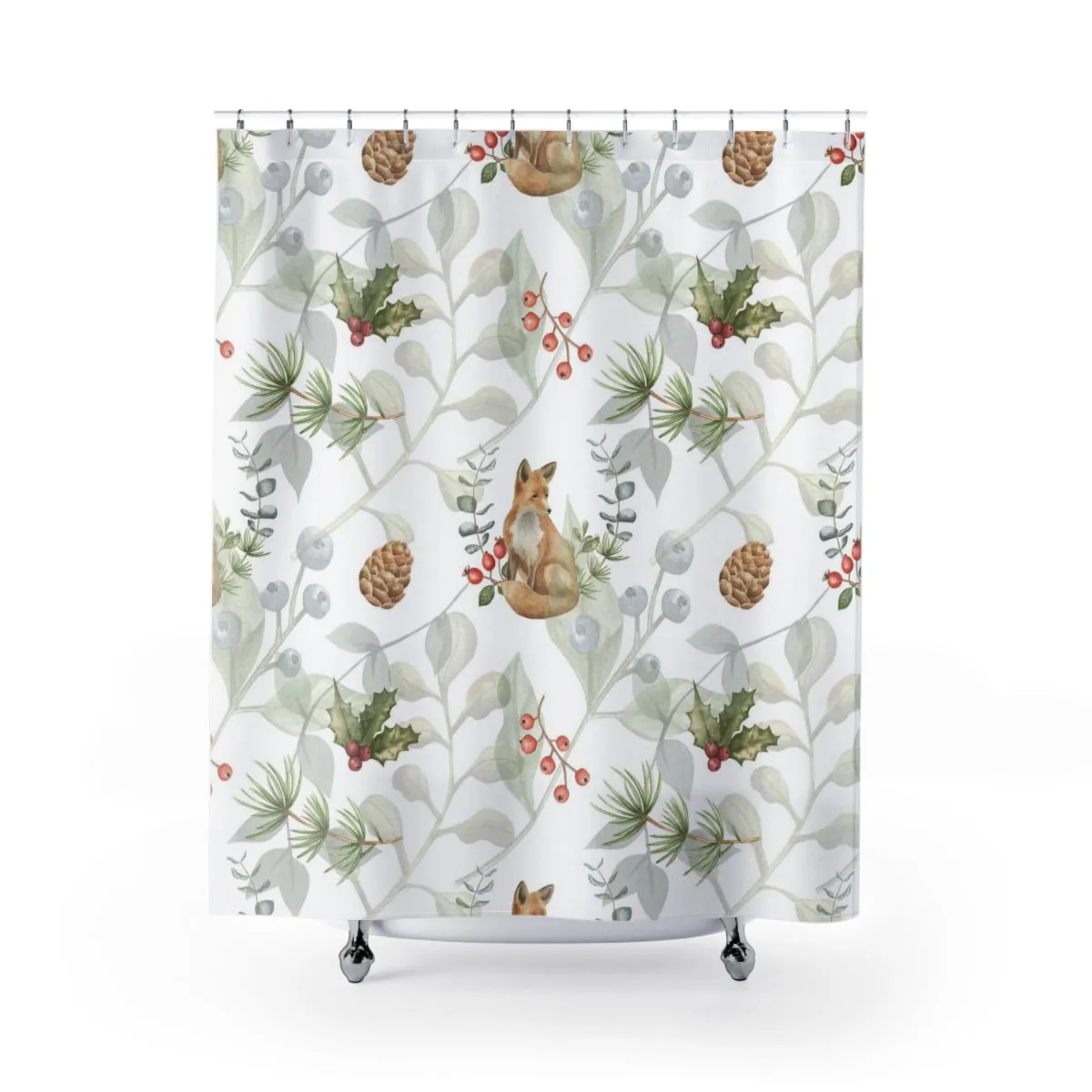 Christmas Shower Curtain | White Mistletoe Foxes Lighting,Home Lighting