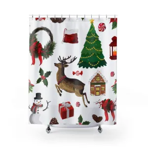Christmas Shower Curtain | White Playful Reindeer Christmas Trees Lighting,Home Lighting