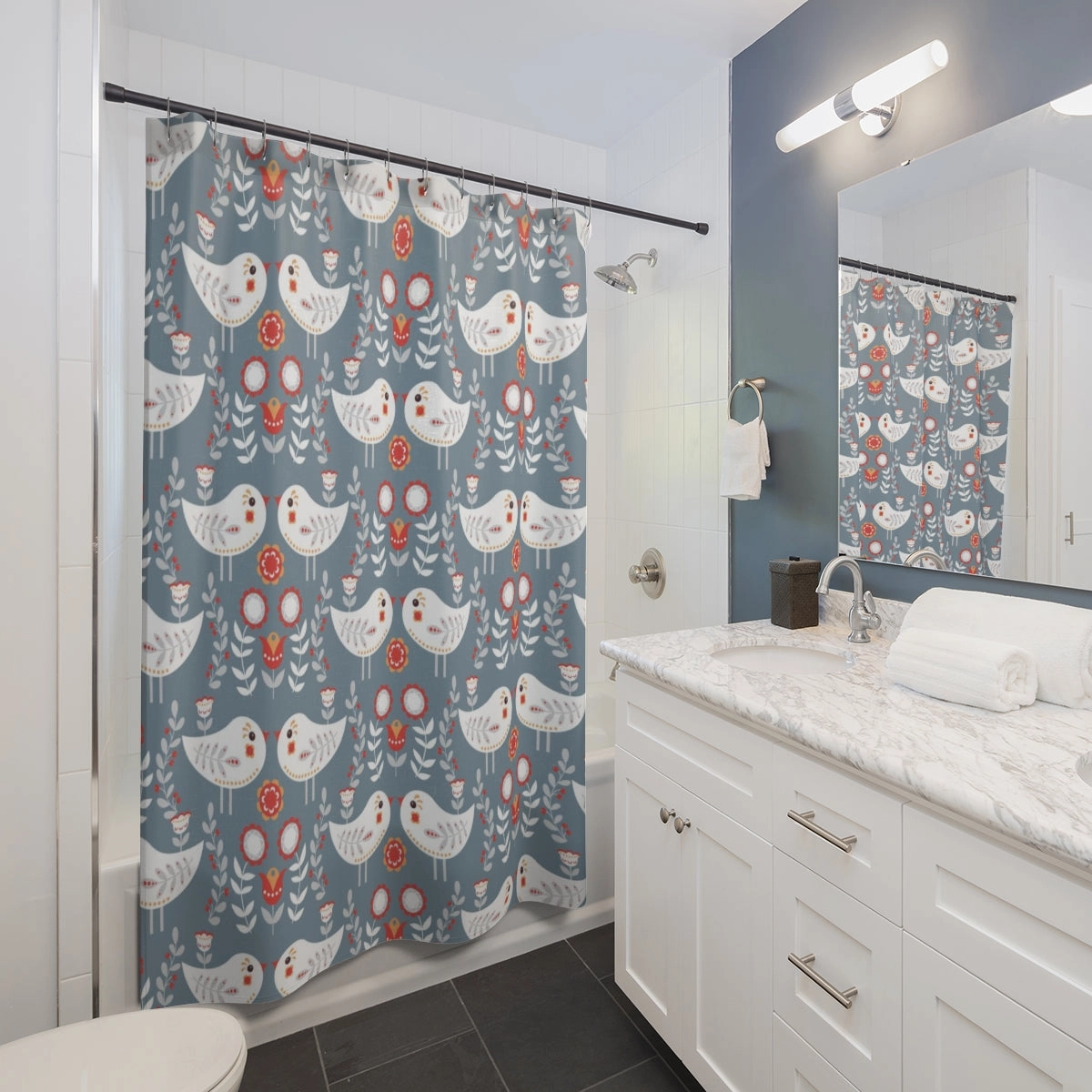 Christmas Shower Curtain | Gray White Nordic Folk Birds
