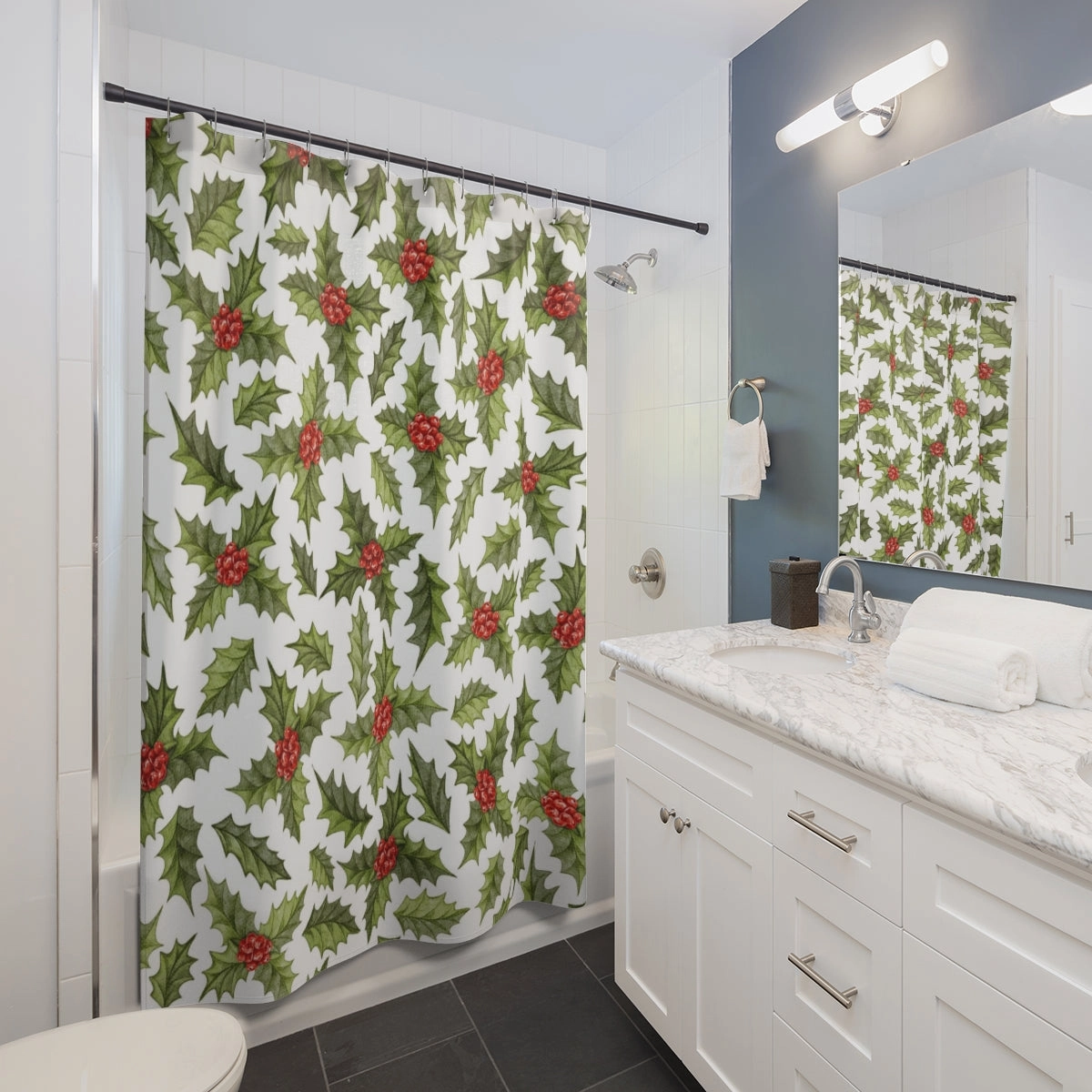 Christmas Shower Curtain | White Green Red Mistletoe