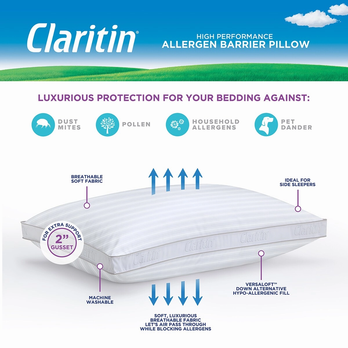 Claritin Ultimate Allergen Barrier Down Alternative Firm Pillow with Gusset - WHITE
