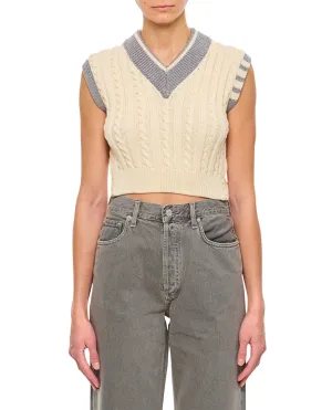 Classic Baby Cable Stitch Cropped V Neck Pullover
