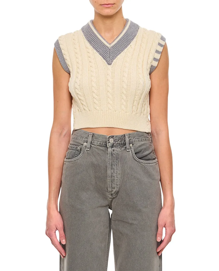 Classic Baby Cable Stitch Cropped V Neck Pullover