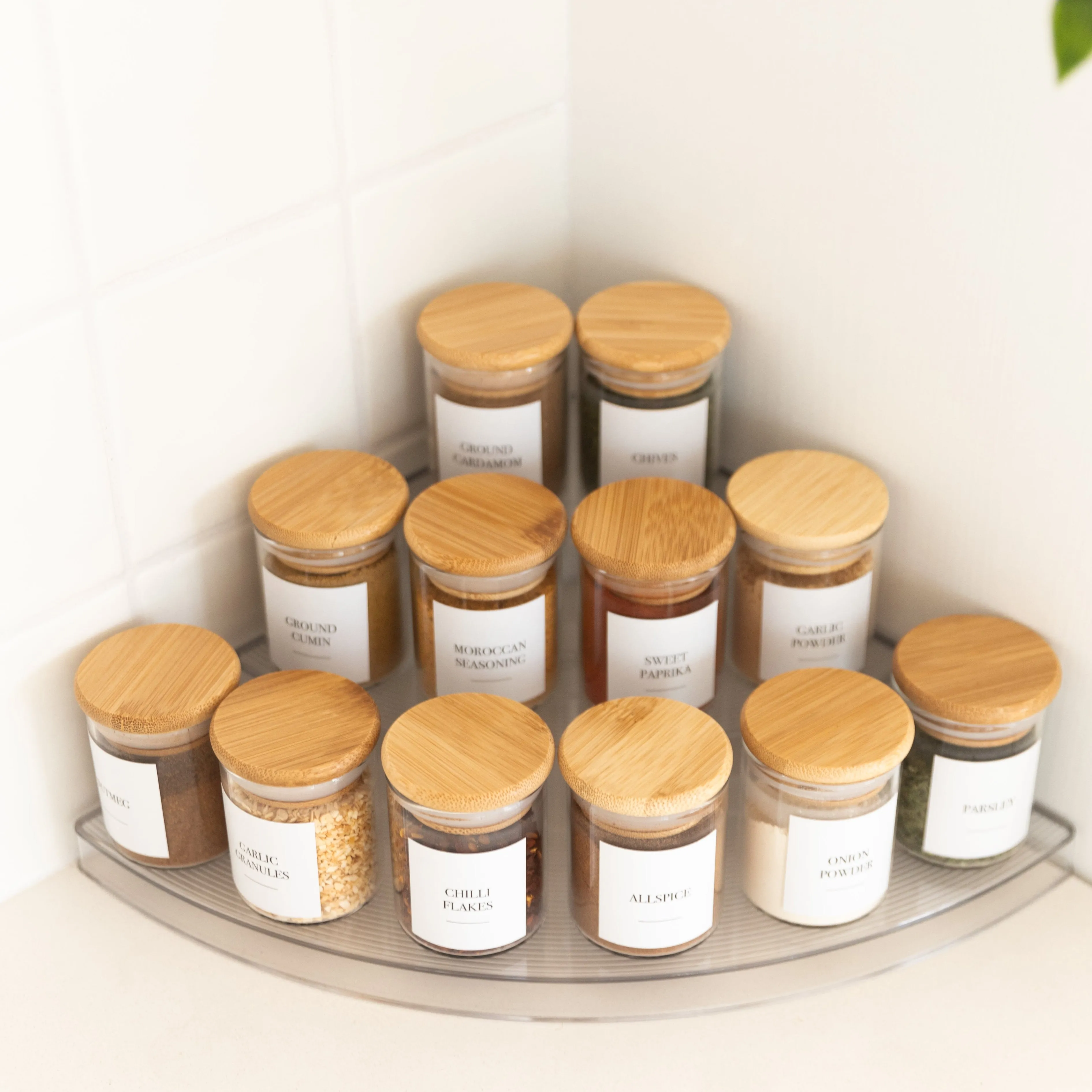 Clear 3-Tier Corner Spice Rack with 12x 75ml Spice Jars