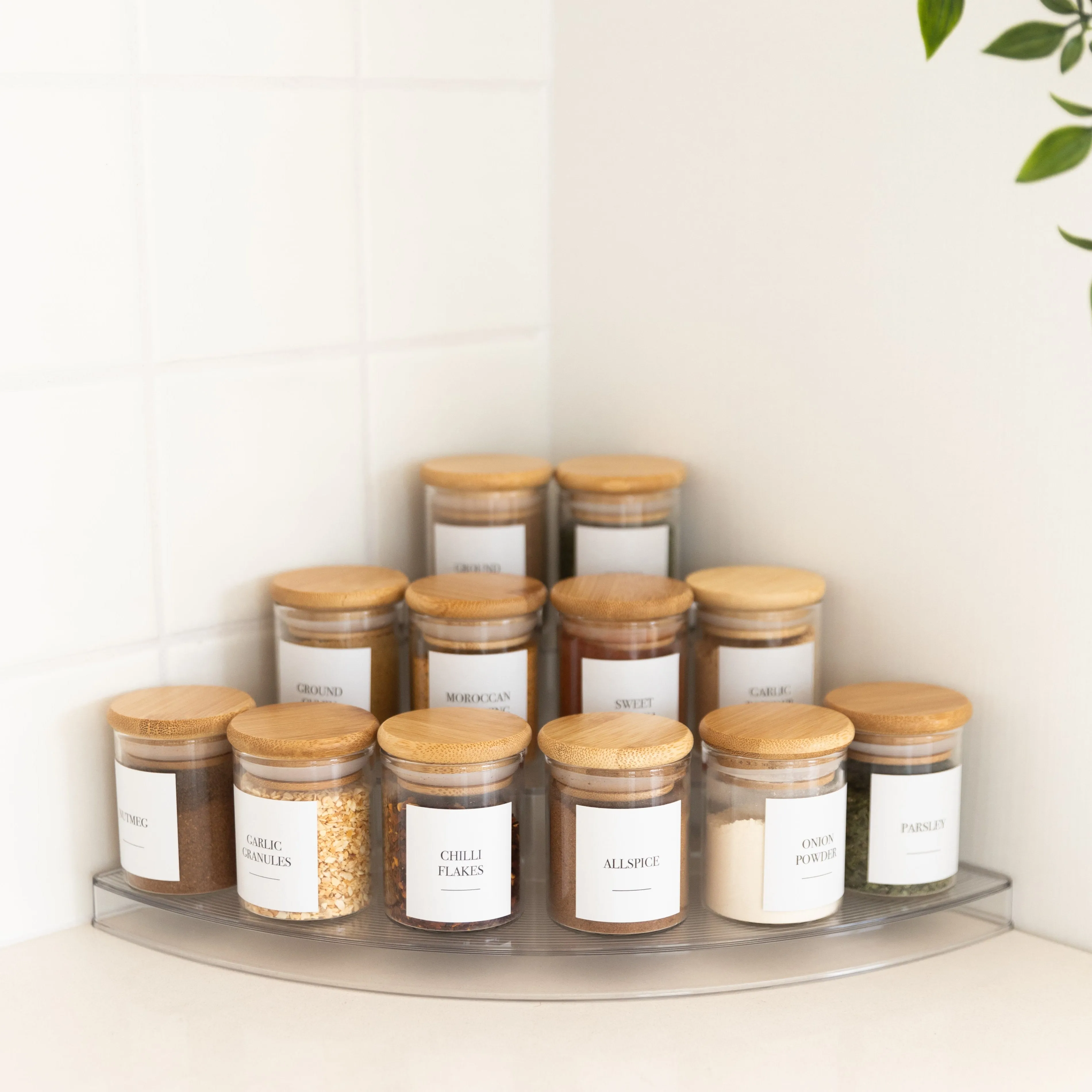 Clear 3-Tier Corner Spice Rack with 12x 75ml Spice Jars Figurines,Decorative Ornaments