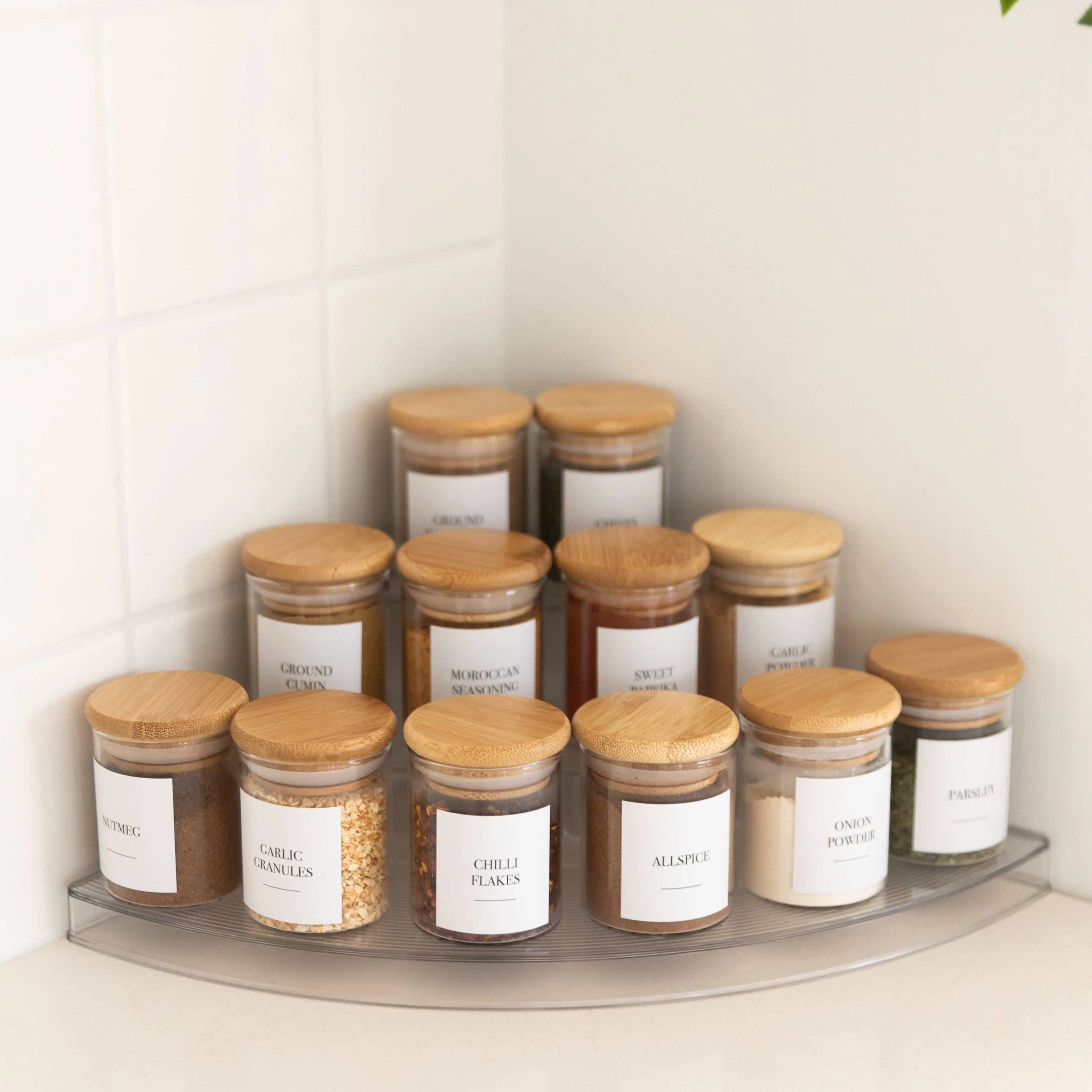 Clear 3-Tier Corner Spice Rack with 12x 75ml Spice Jars