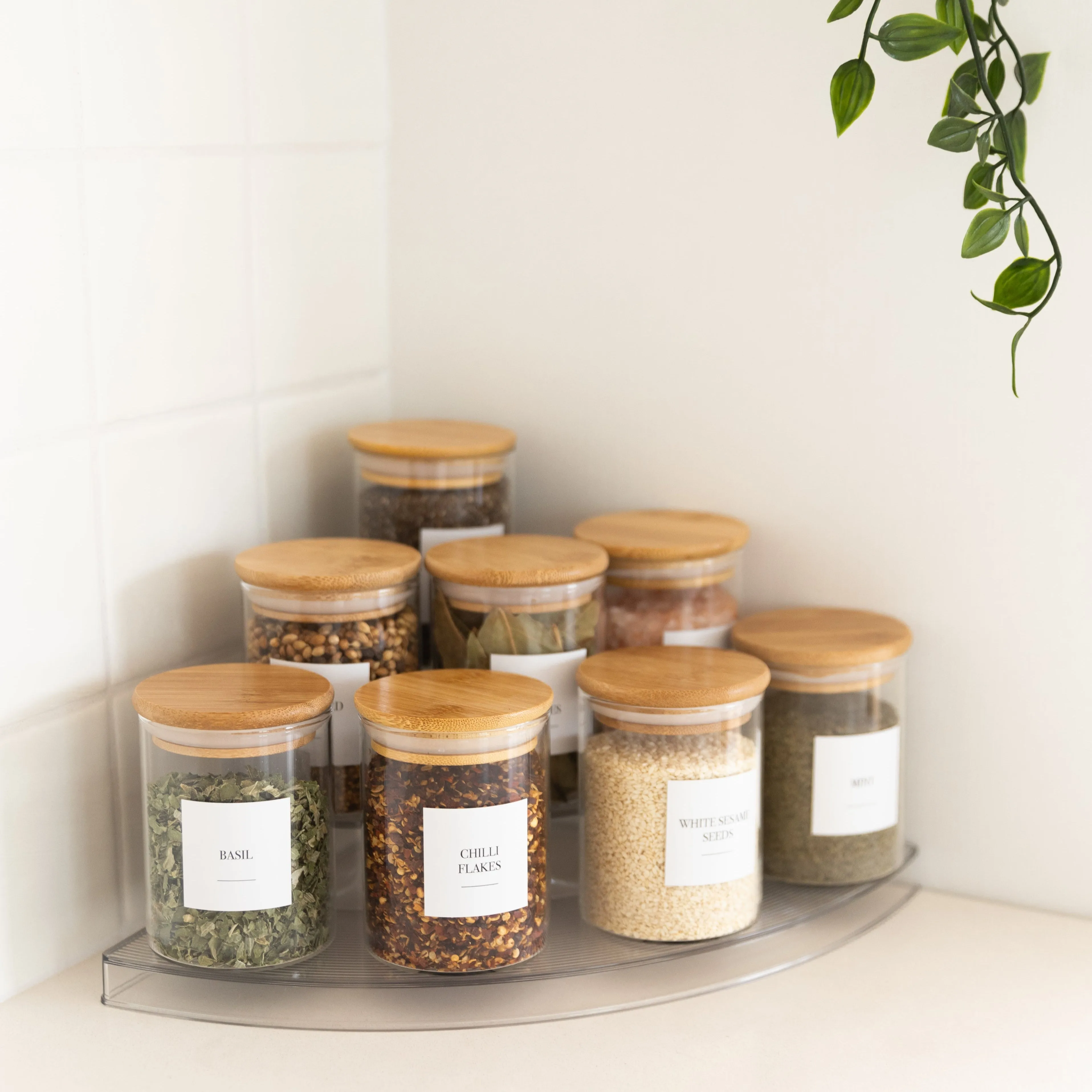 Clear 3-Tier Corner Spice Rack with 8x 200ml Spice Jars