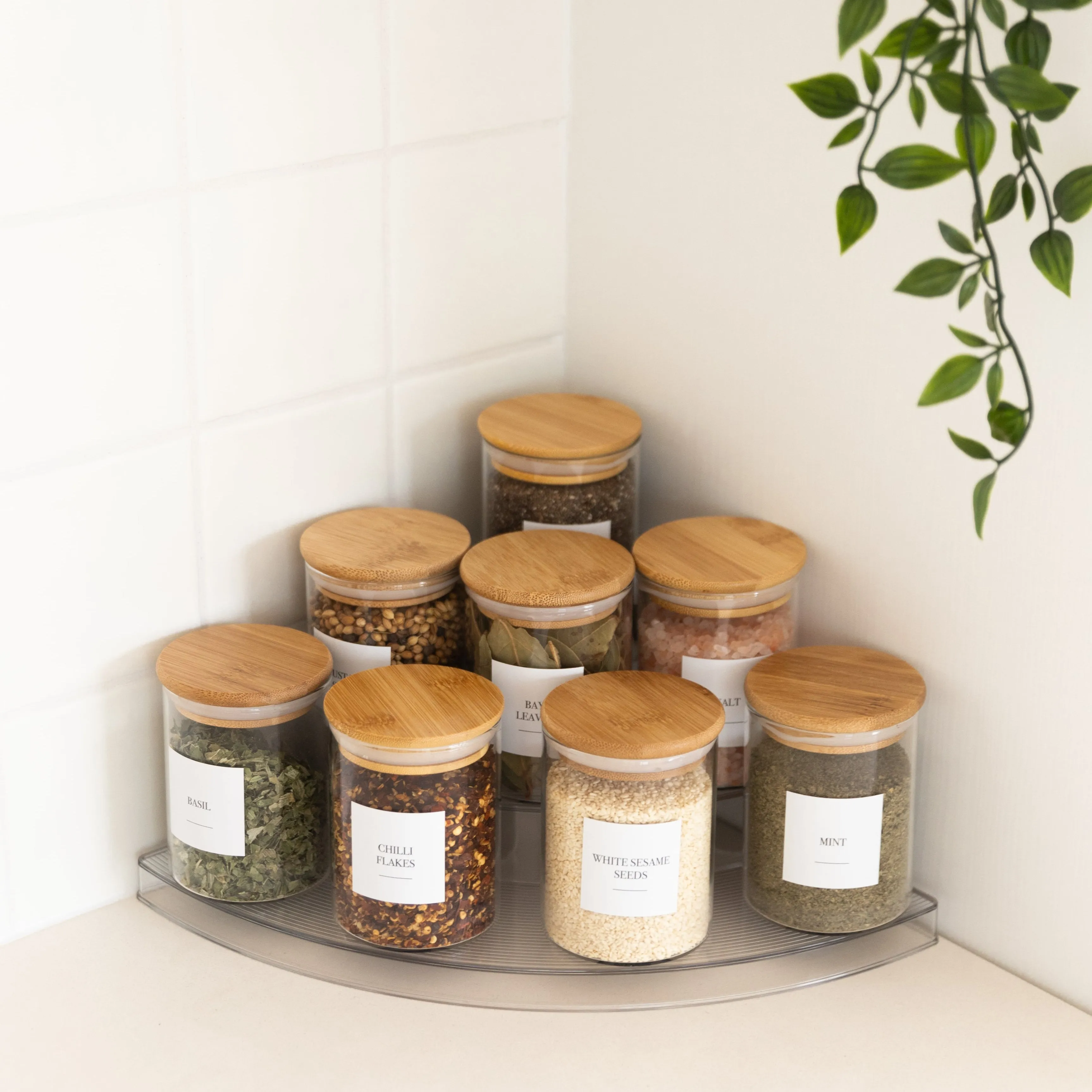 Clear 3-Tier Corner Spice Rack with 8x 200ml Spice Jars