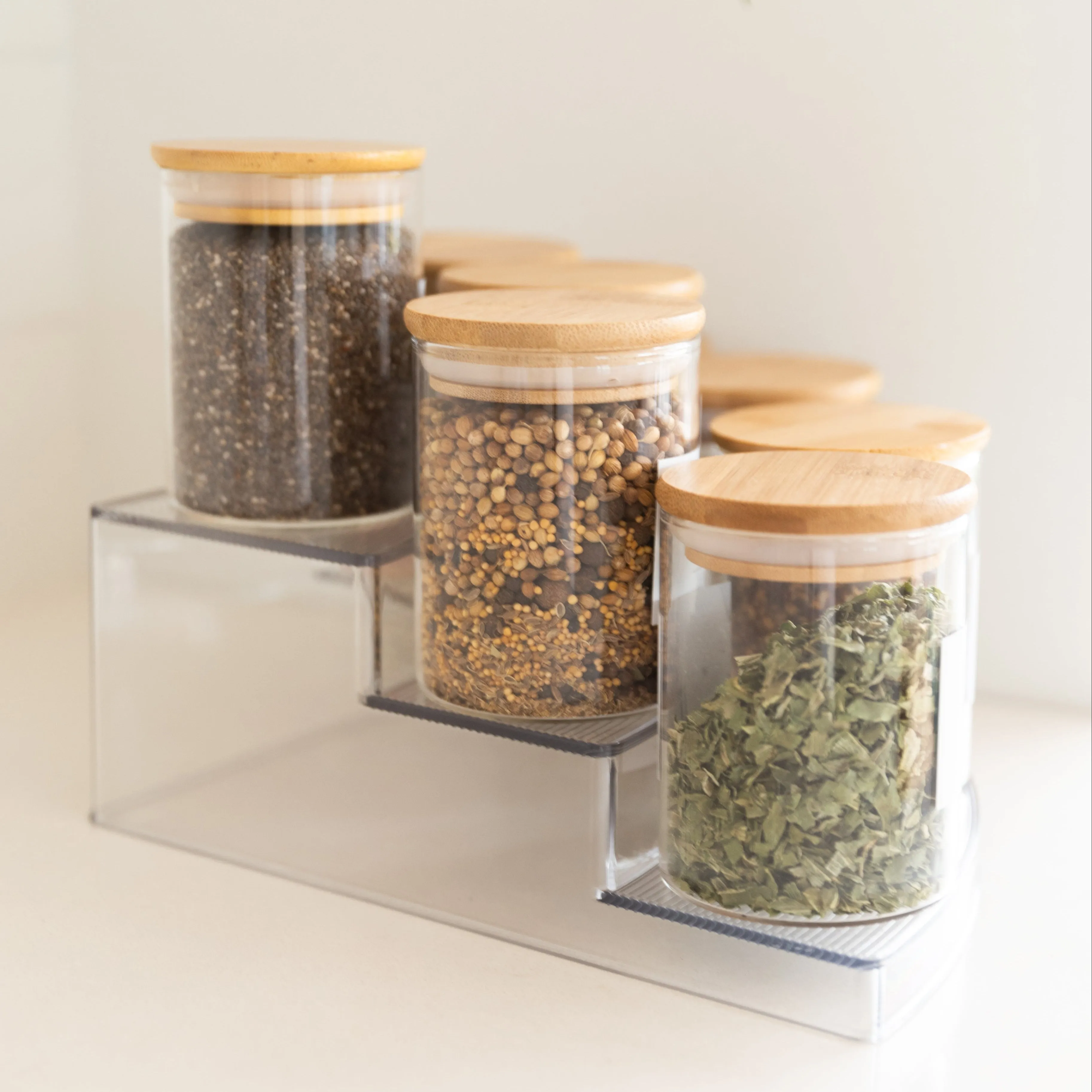 Clear 3-Tier Corner Spice Rack with 8x 200ml Spice Jars