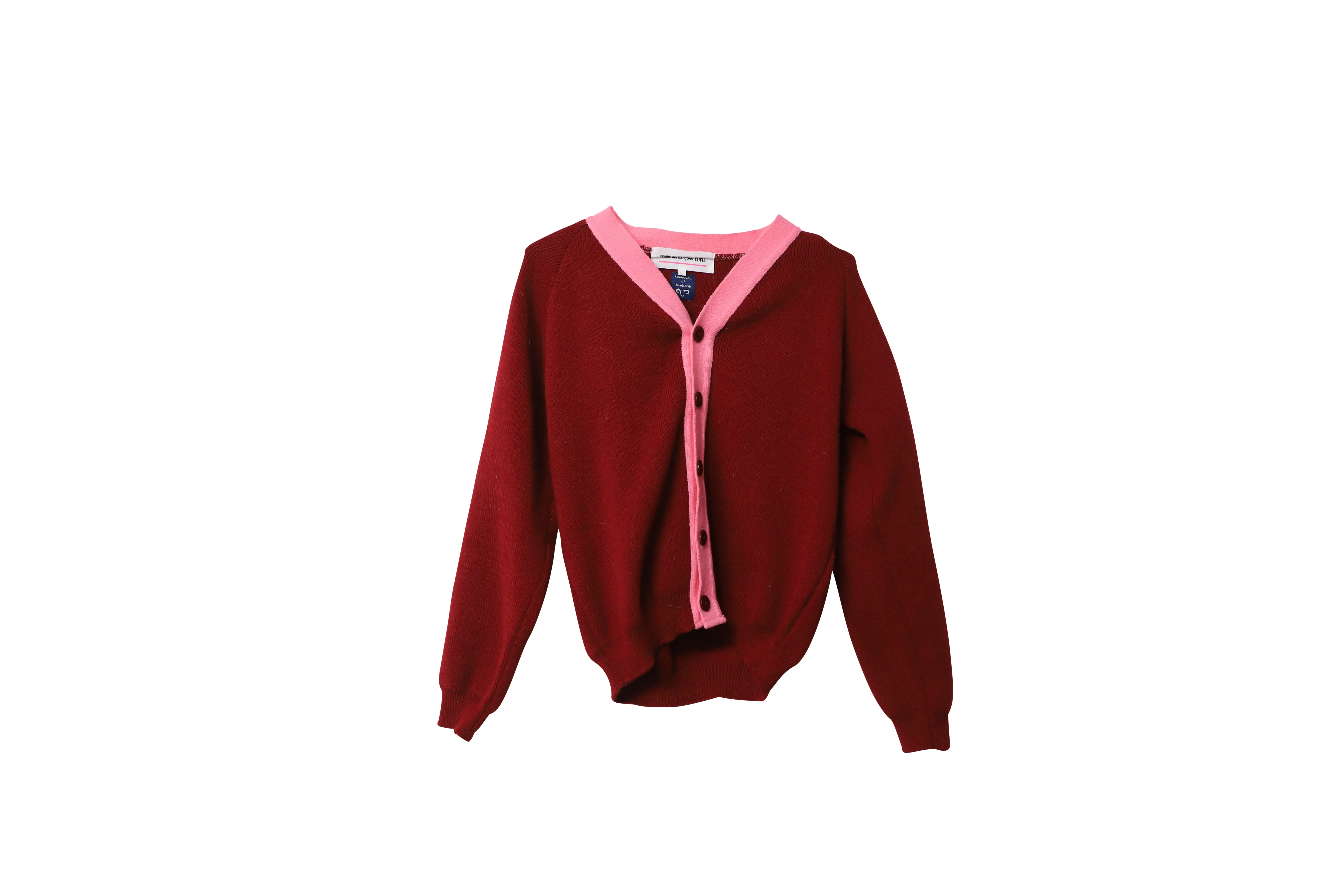 Comme des Garons Girl x Lochaven of Scotland Knit Cardigan in Red and Pink Acrylic